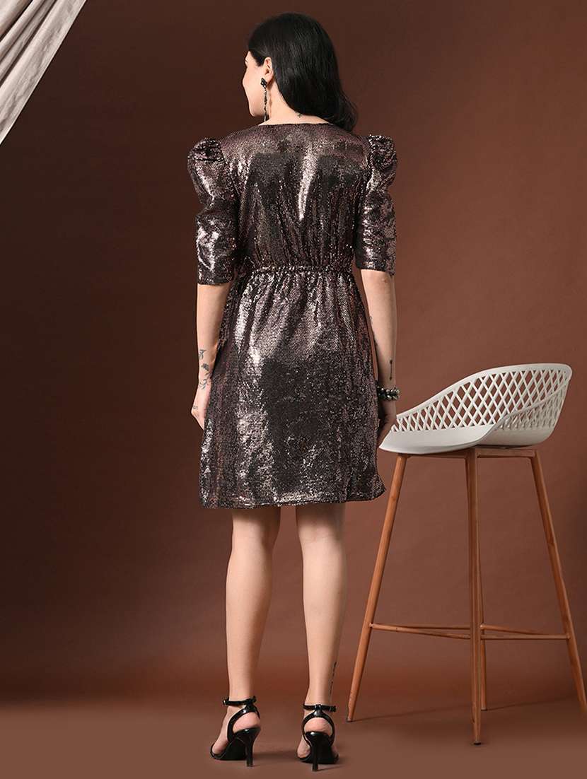 women sequined puff sleeve wrap dress - 22358681 -  Standard Image - 3