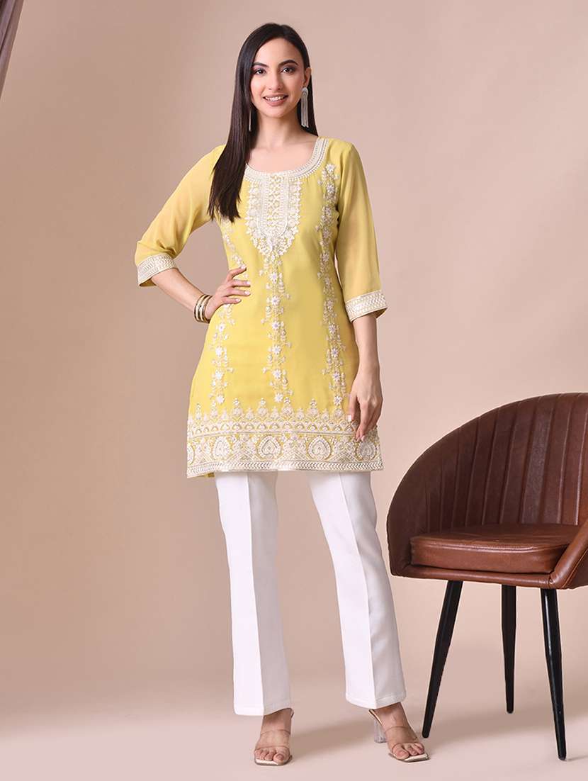 women solid with work three quarter sleeve kurta pant set