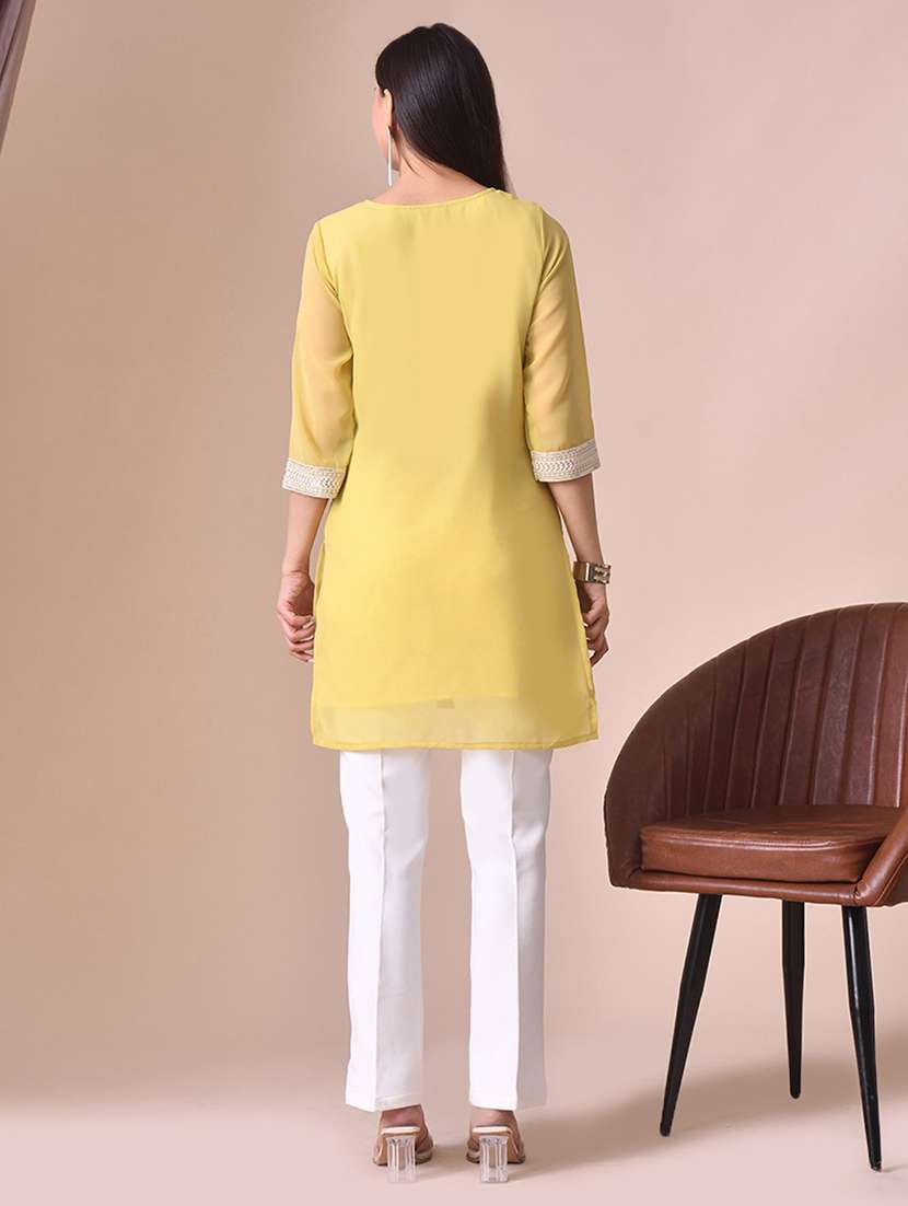 women solid with work three quarter sleeve kurta pant set - 22358701 -  Standard Image - 3