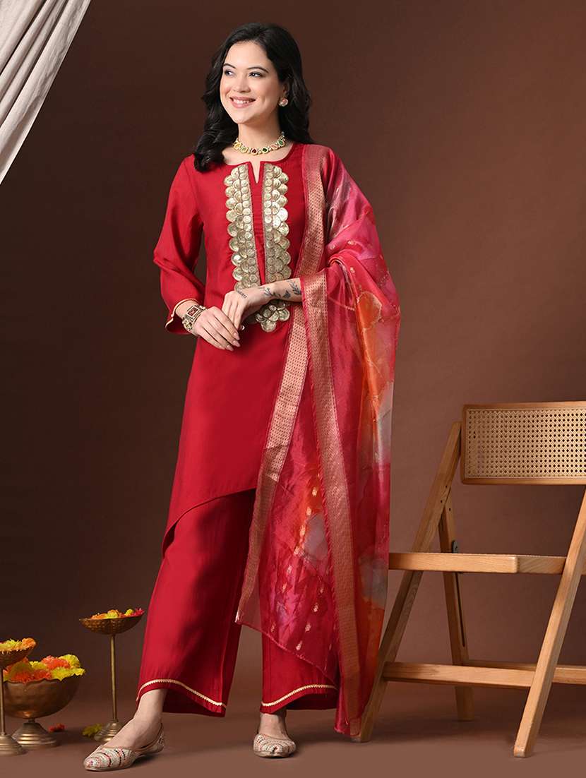 women solid with work three quarter sleeve kurta palazzo with dupatta set