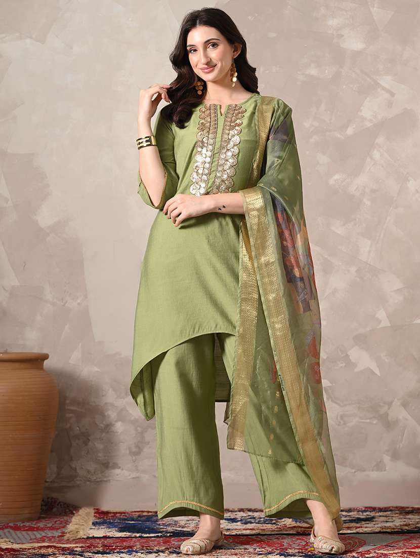 women solid with work three quarter sleeve kurta palazzo with dupatta set