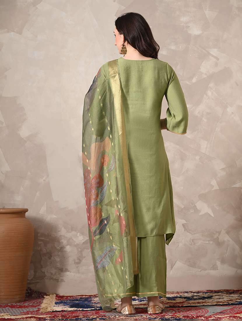 women solid with work three quarter sleeve kurta palazzo with dupatta set - 22358703 -  Standard Image - 3