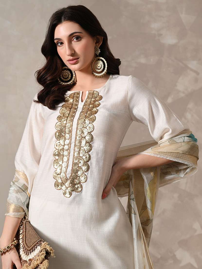 women solid with work three quarter sleeve kurta palazzo with dupatta set - 22358704 -  Standard Image - 3
