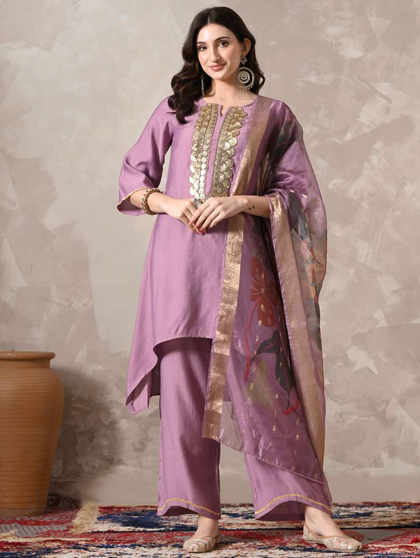 women solid with work three quarter sleeve kurta palazzo with dupatta set