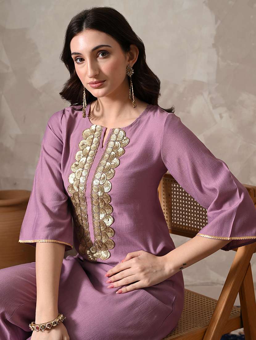 women solid with work three quarter sleeve kurta palazzo with dupatta set - 22358705 -  Standard Image - 3