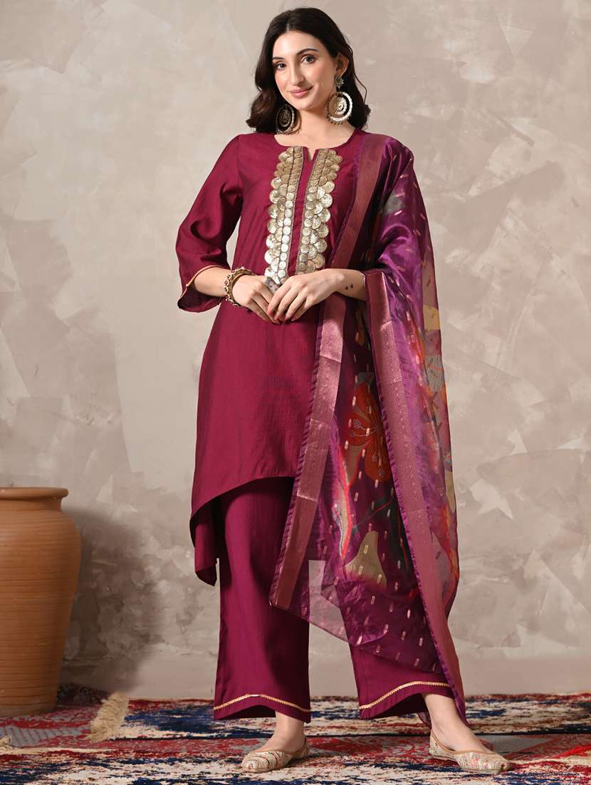 women solid with work three quarter sleeve kurta palazzo with dupatta set