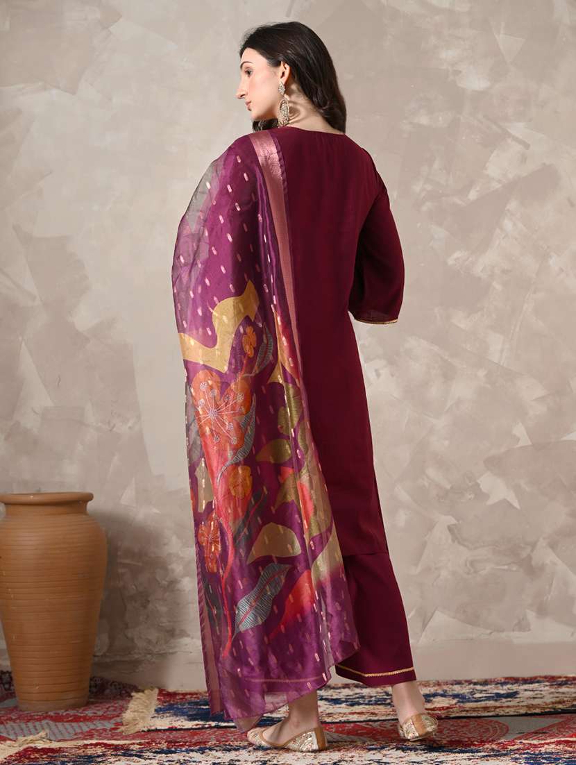 women solid with work three quarter sleeve kurta palazzo with dupatta set - 22358706 -  Standard Image - 3