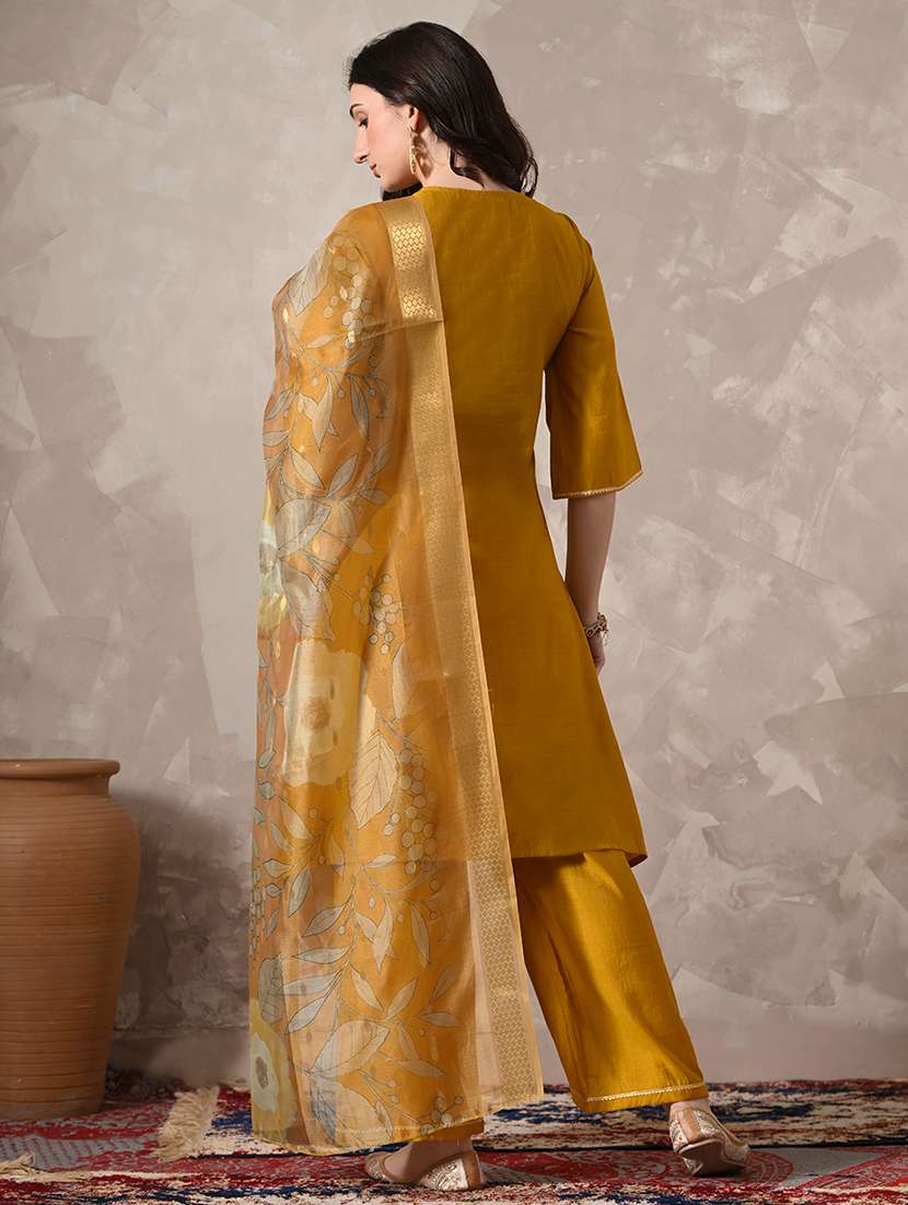 women solid with work three quarter sleeve kurta palazzo with dupatta set - 22358707 -  Standard Image - 3