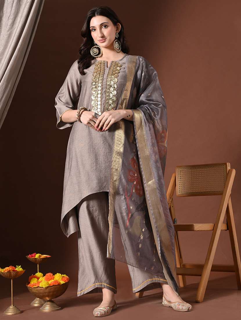 women solid with work three quarter sleeve kurta palazzo with dupatta set