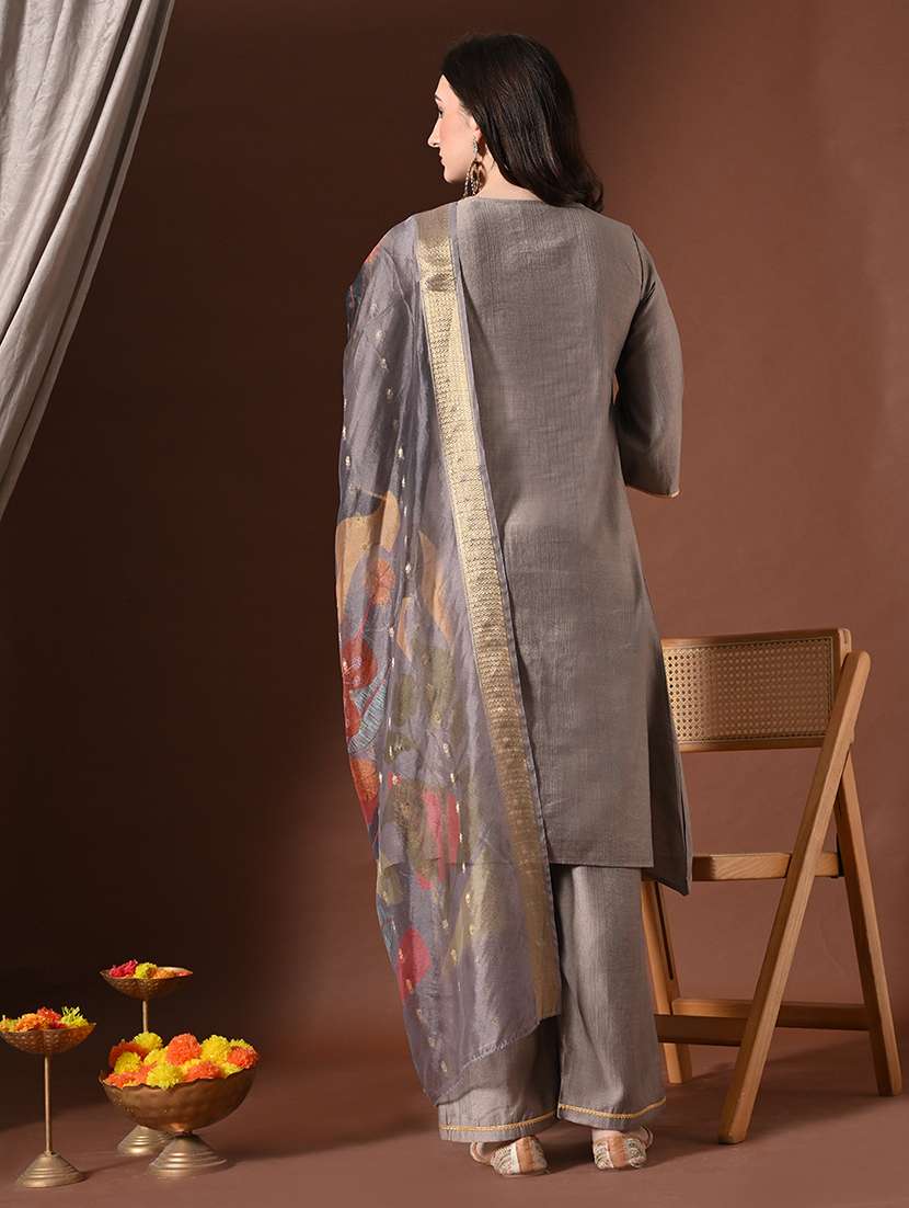 women solid with work three quarter sleeve kurta palazzo with dupatta set - 22358708 -  Standard Image - 3