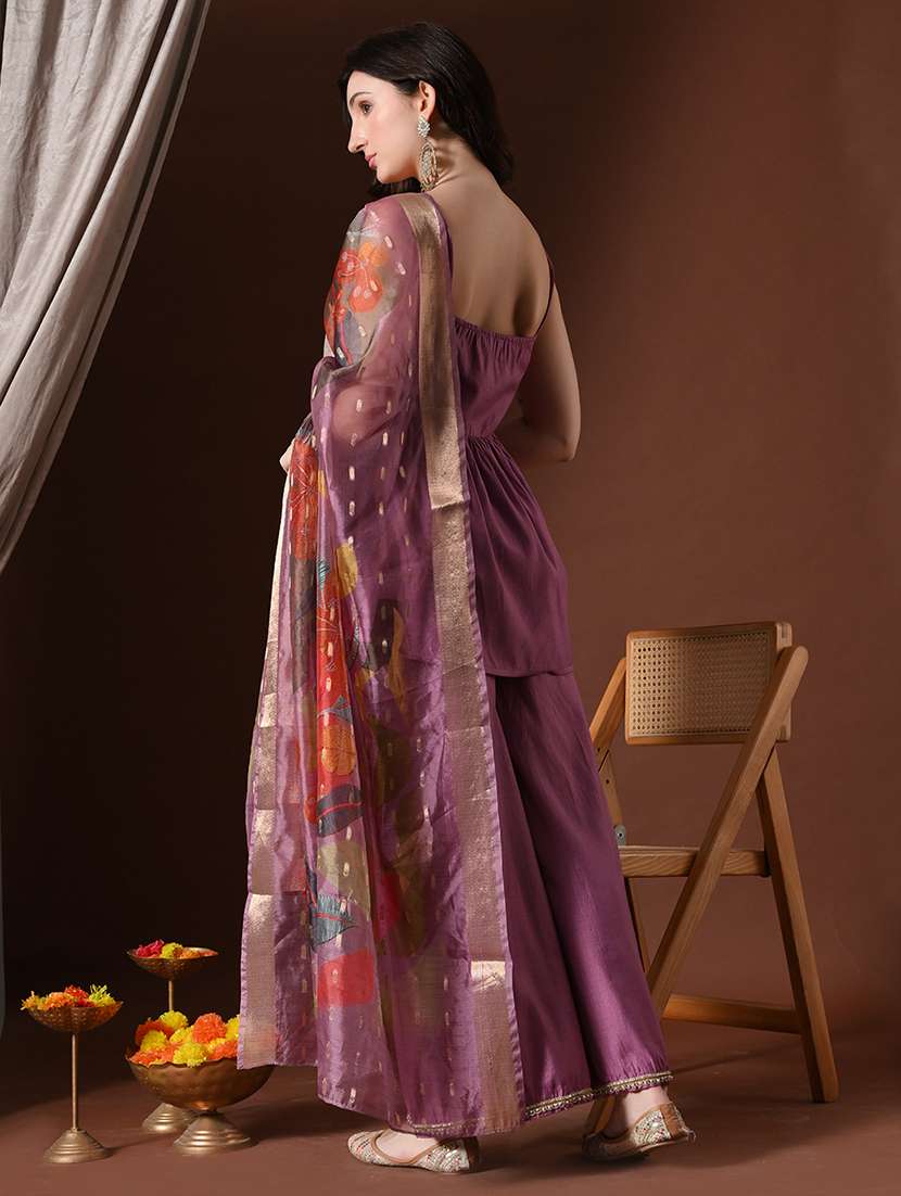 women solid shoulder strap kurta palazzo with dupatta set - 22358709 -  Standard Image - 3