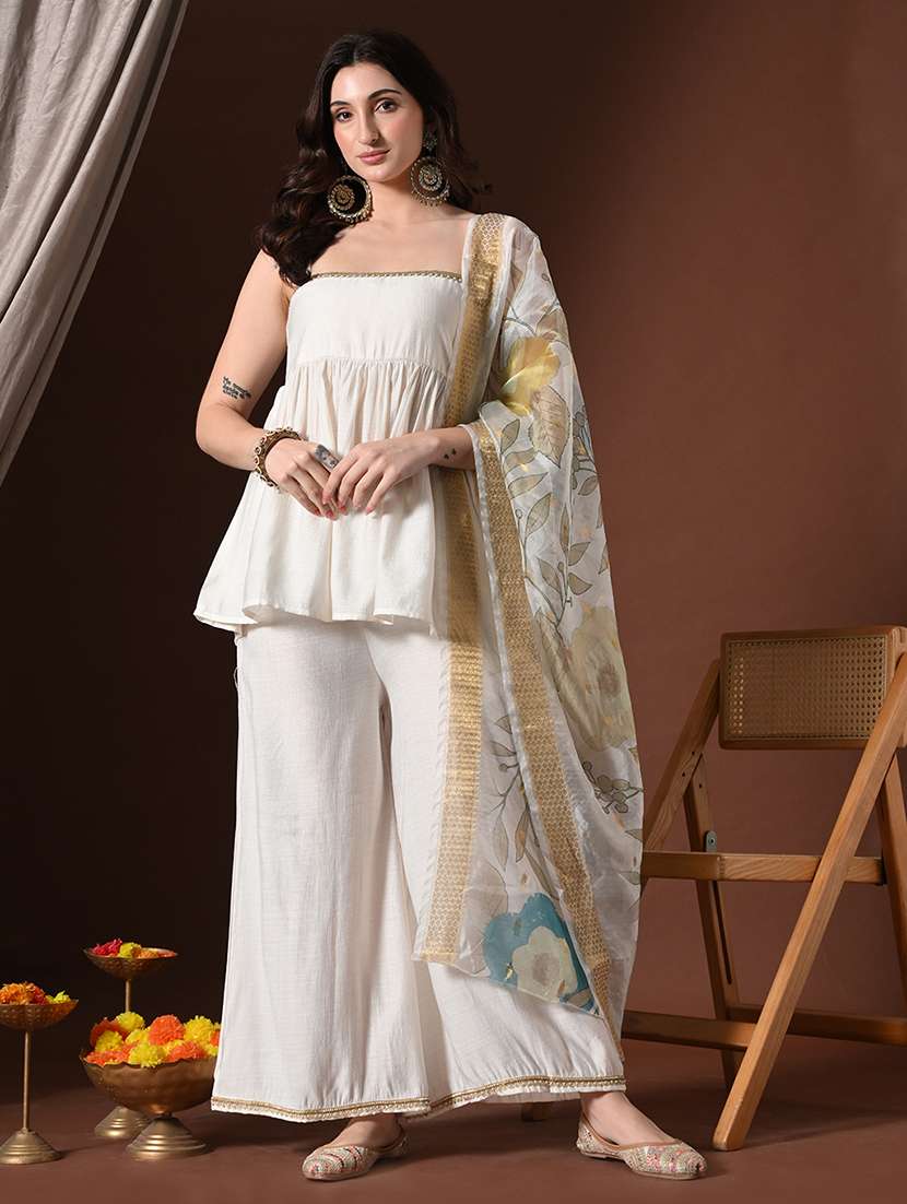 women solid shoulder strap kurta palazzo with dupatta set