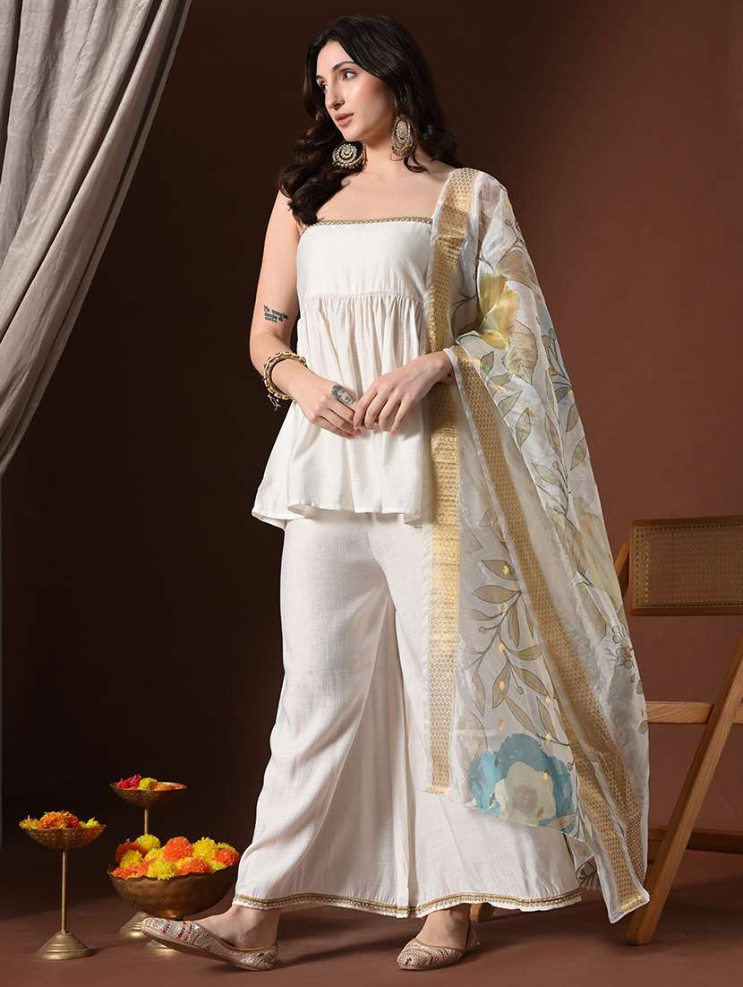 women solid shoulder strap kurta palazzo with dupatta set - 22358711 -  Standard Image - 3