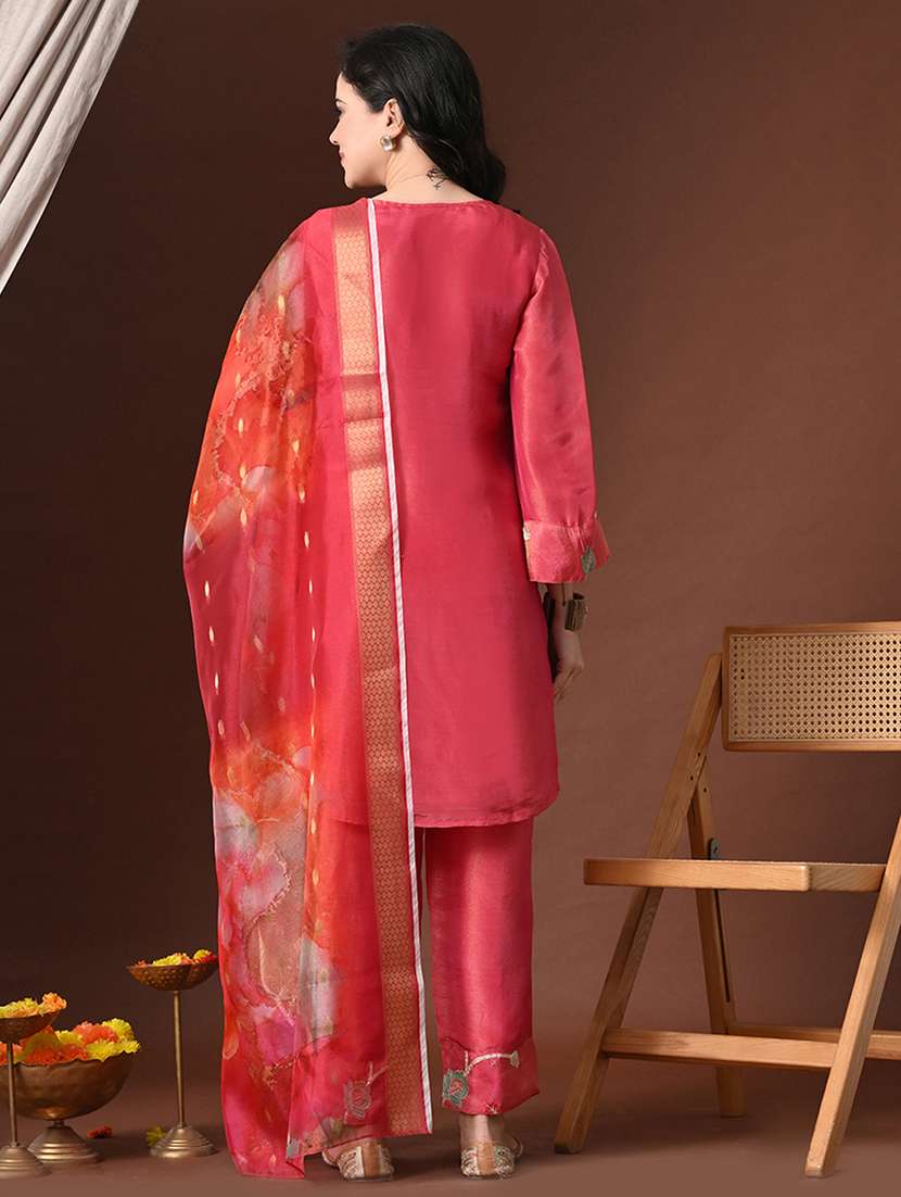 women solid with work three quarter sleeve kurta pant with dupatta set - 22358712 -  Standard Image - 3
