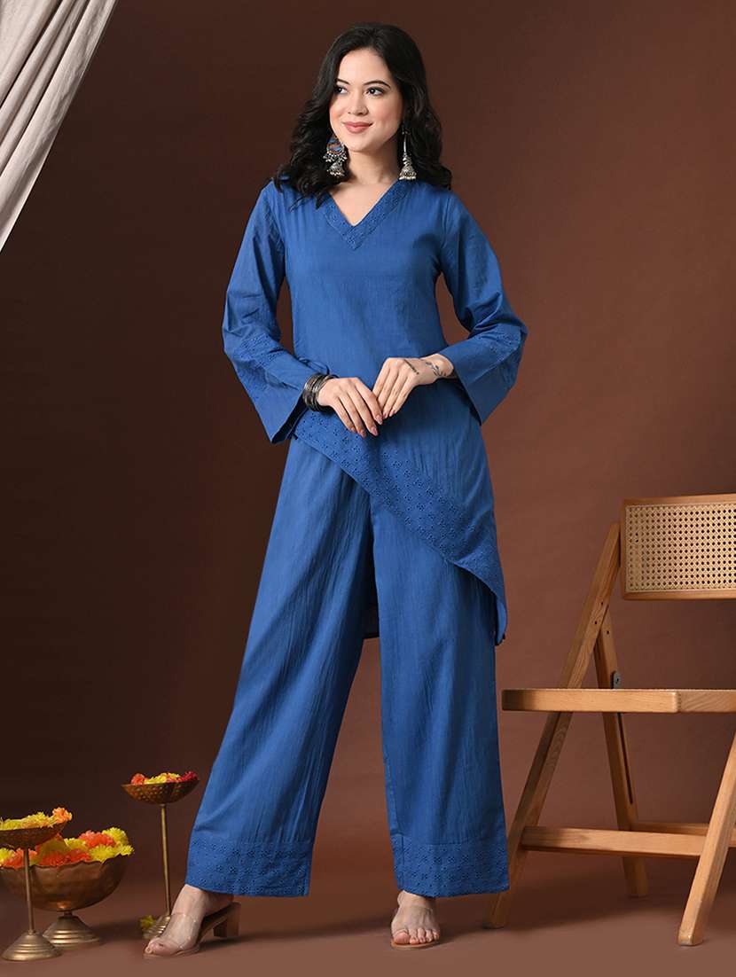 women solid long sleeve kurta palazzo set