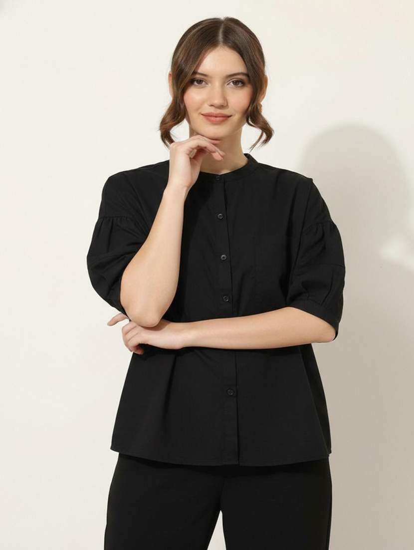 women solid puff sleeve regualr fit shirt
