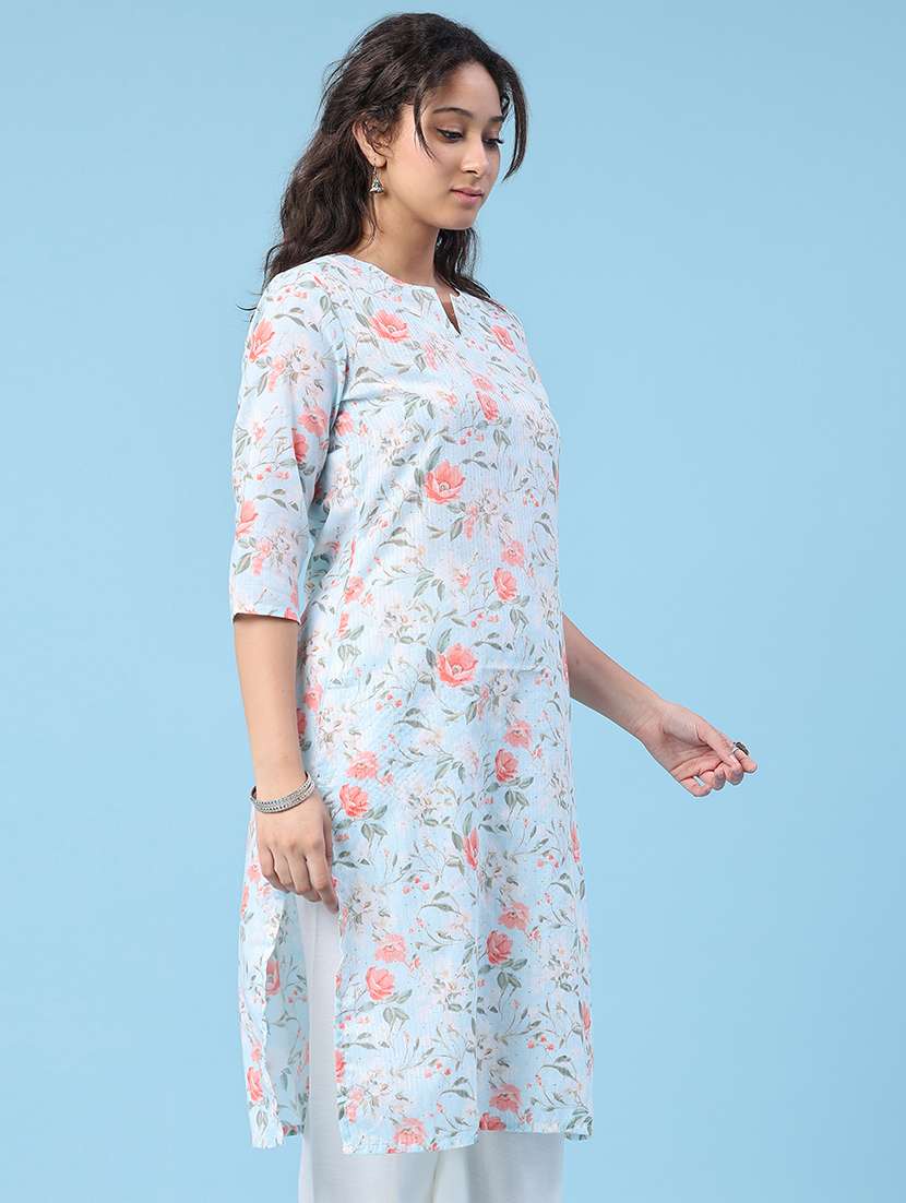 women printed three quarter sleeve straight kurta - 22359412 -  Standard Image - 3