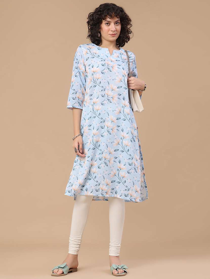 women printed three quarter sleeve straight kurta