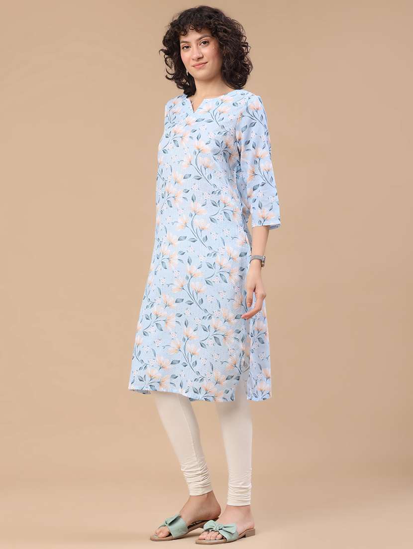 Women Printed Three Quarter Sleeve Straight Kurta - 22359413 -  Standard Image - 5