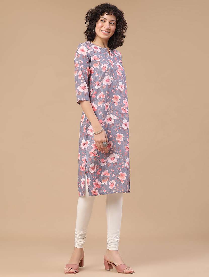women printed three quarter sleeve straight kurta - 22359414 -  Standard Image - 3