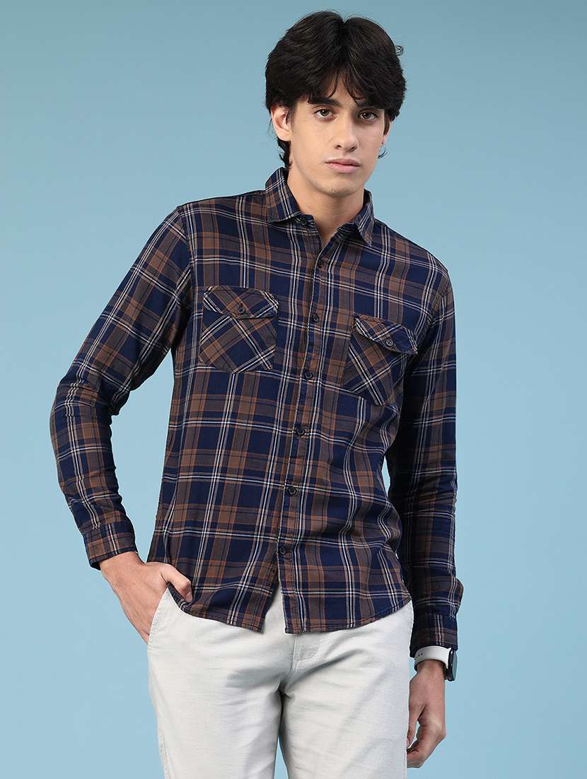men checkered long sleeve slim fit casual shirt