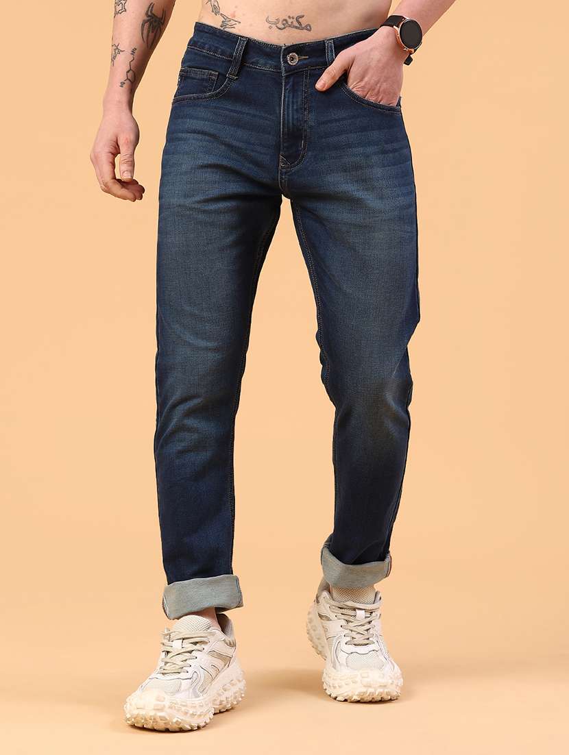 men washed mid rise full length slim fit jeans