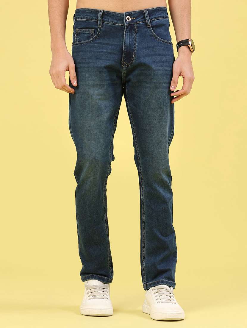 men washed mid rise full length tapered jeans