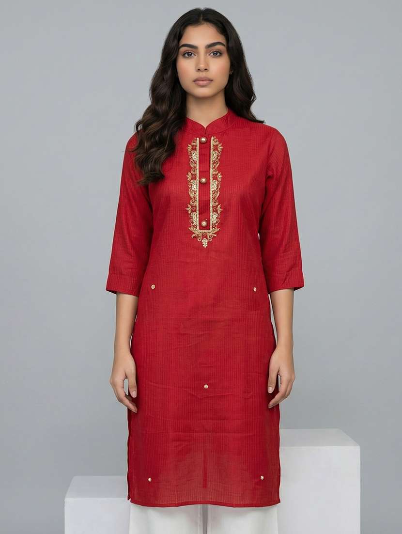 women solid with work three quarter sleeve straight kurta