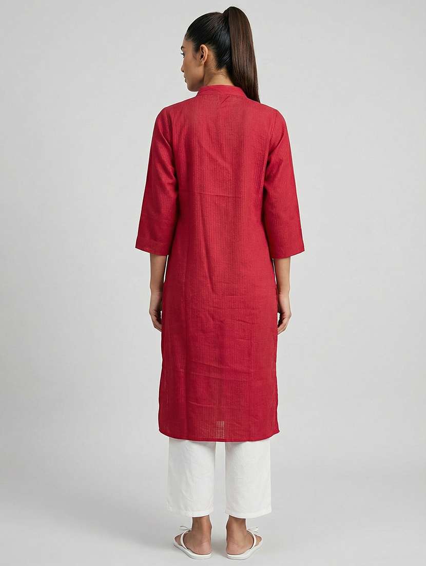 Women Solid With Work Three Quarter Sleeve Straight Kurta - 22360310 -  Standard Image - 3
