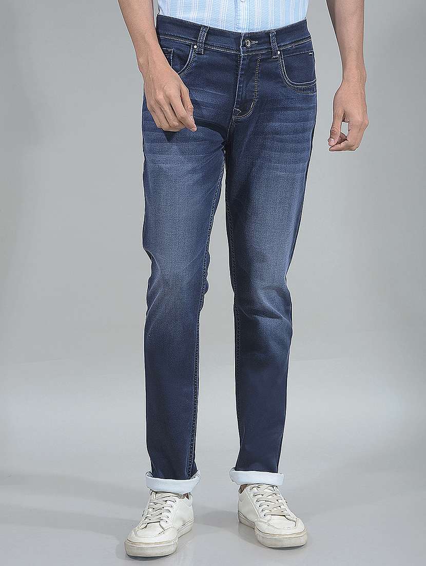men washed mid rise full length jeans