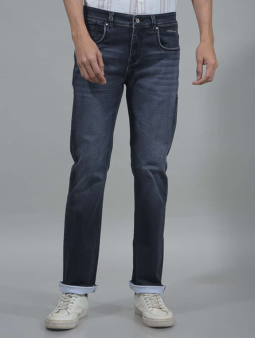 men washed mid rise full length jeans