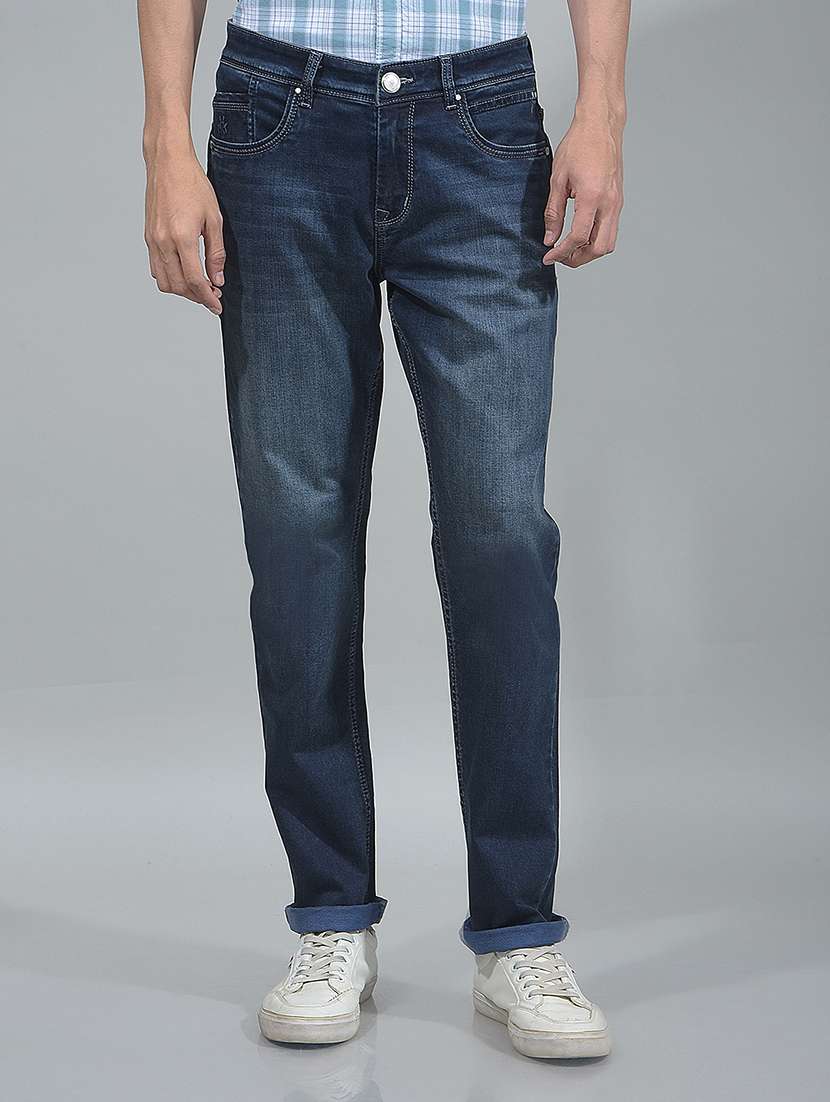 men washed mid rise full length jeans
