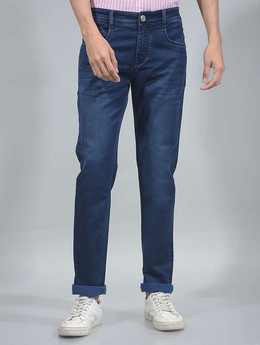 men washed mid rise full length jeans