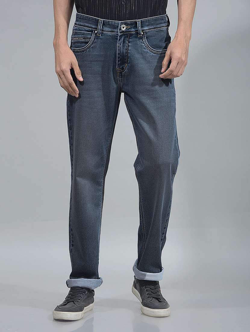 men washed mid rise full length jeans