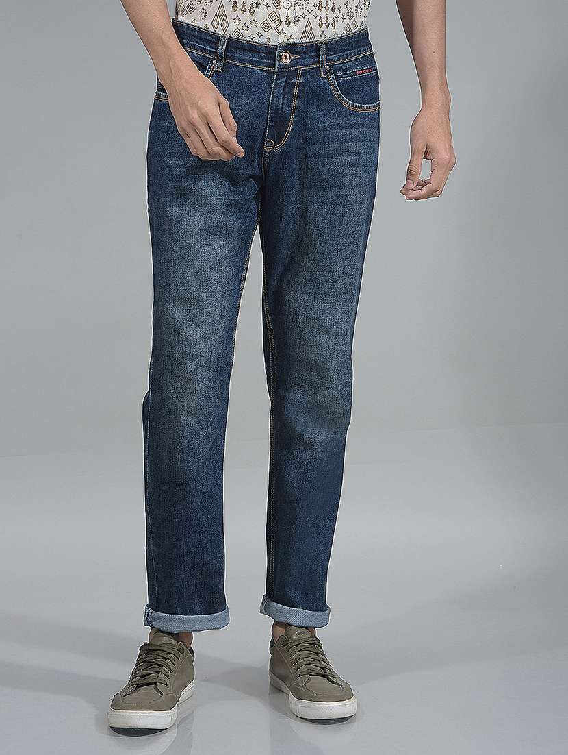 men washed mid rise full length jeans