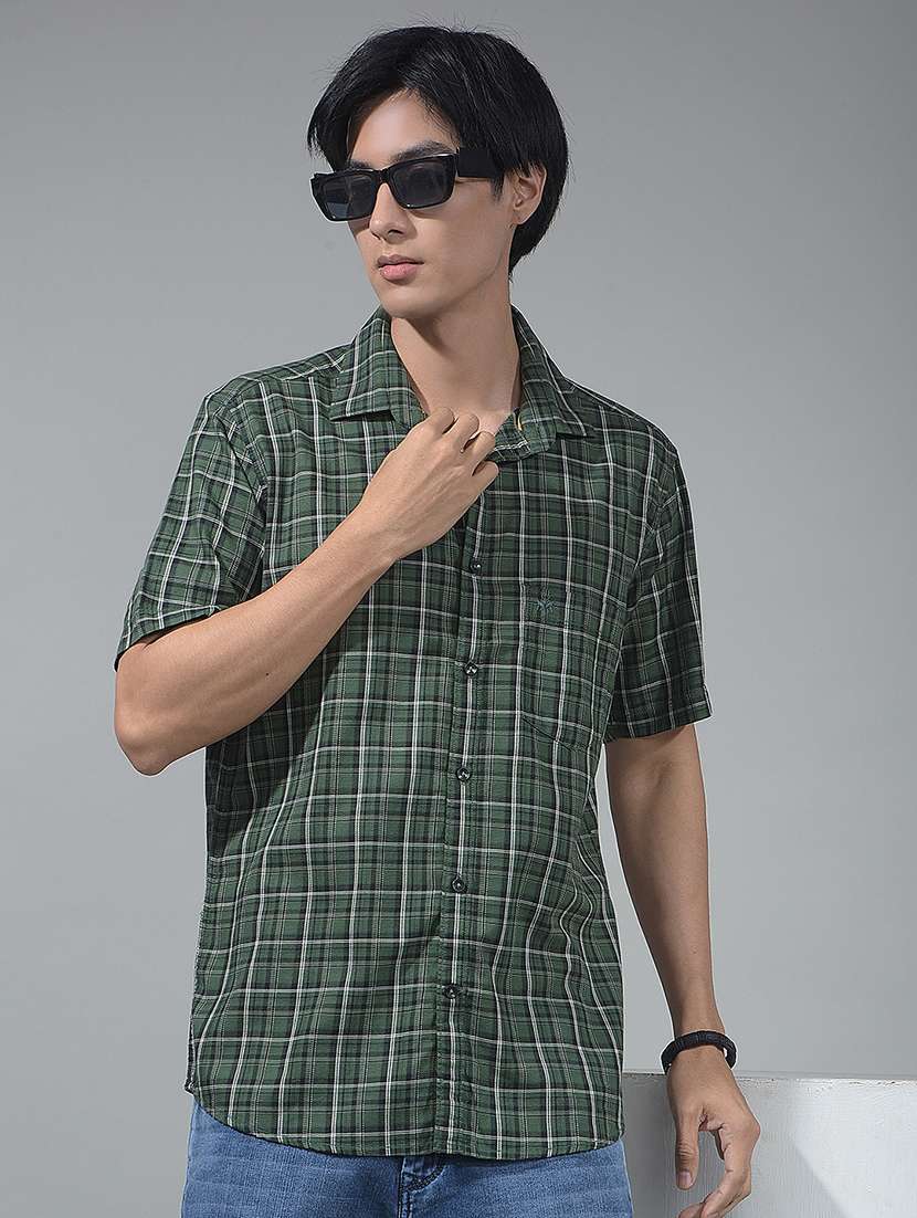 men checkered short sleeve regular fit casual shirt
