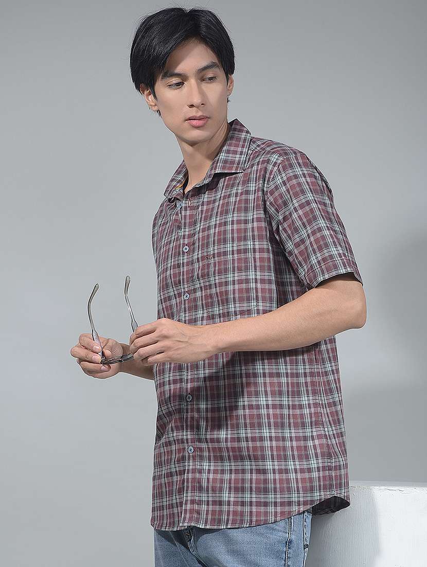 men checkered short sleeve regular fit casual shirt