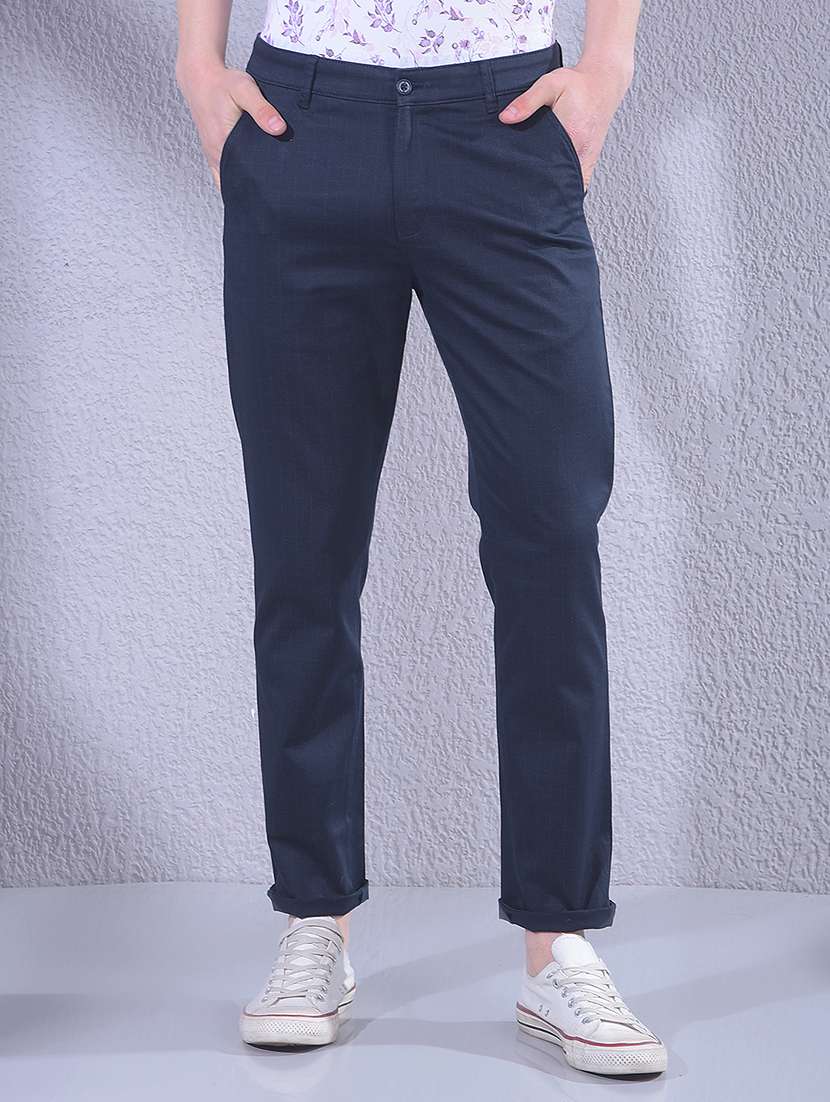 men checkered mid rise chinos casual trouser