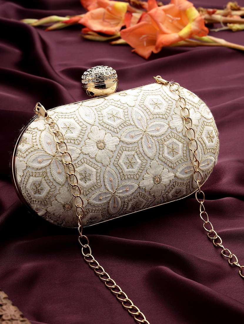 women embroidered clutch with sling chain