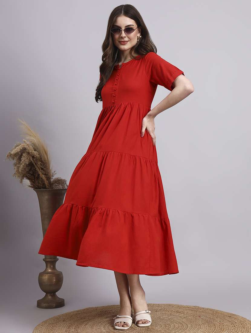 women solid short sleeve tiered dress
