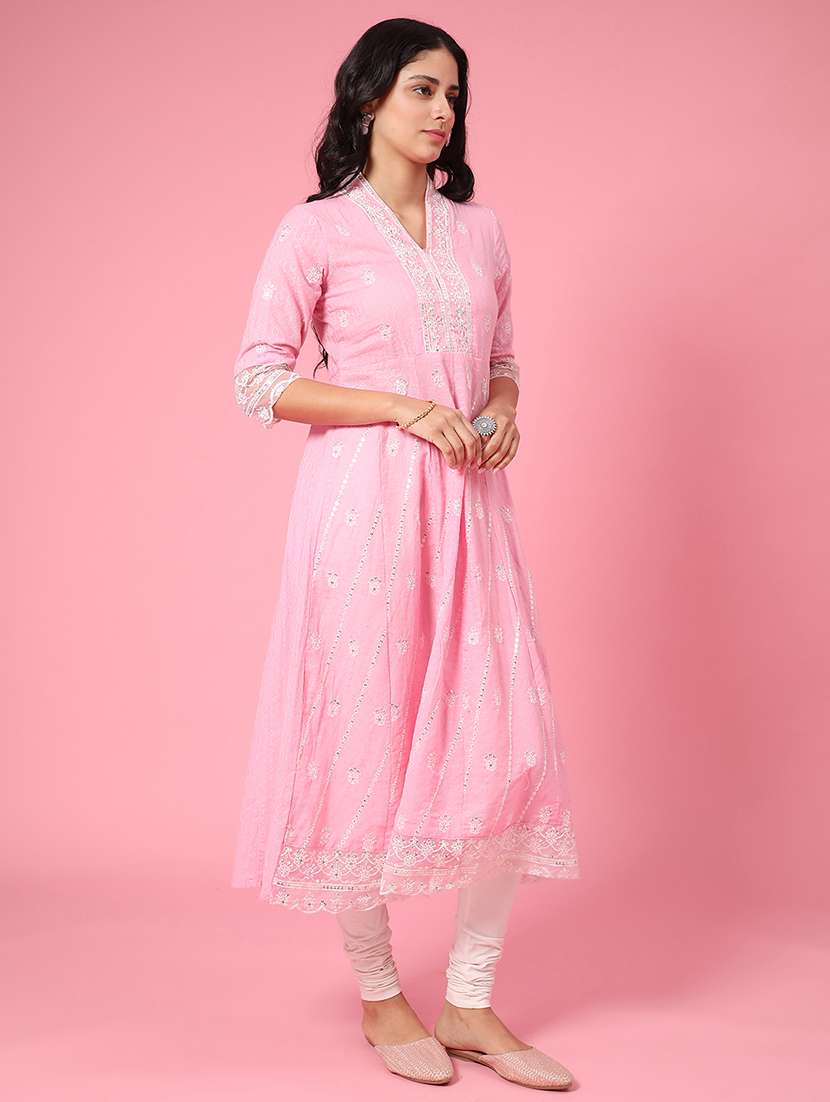 women pink embroidered cotton anarkali notch neck kurta - 22361175 -  Standard Image - 3