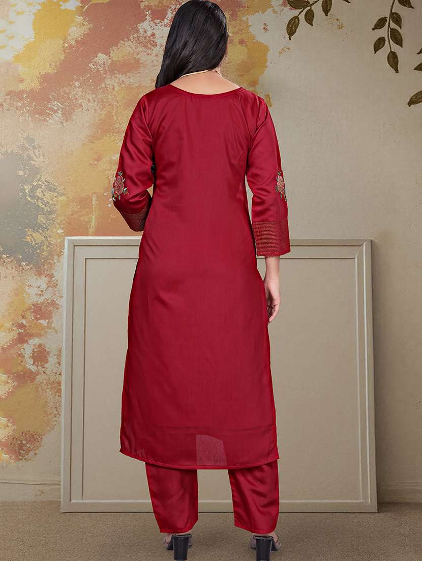 women solid with work three quarter sleeve kurta pant with dupatta set - 22361797 -  Standard Image - 3