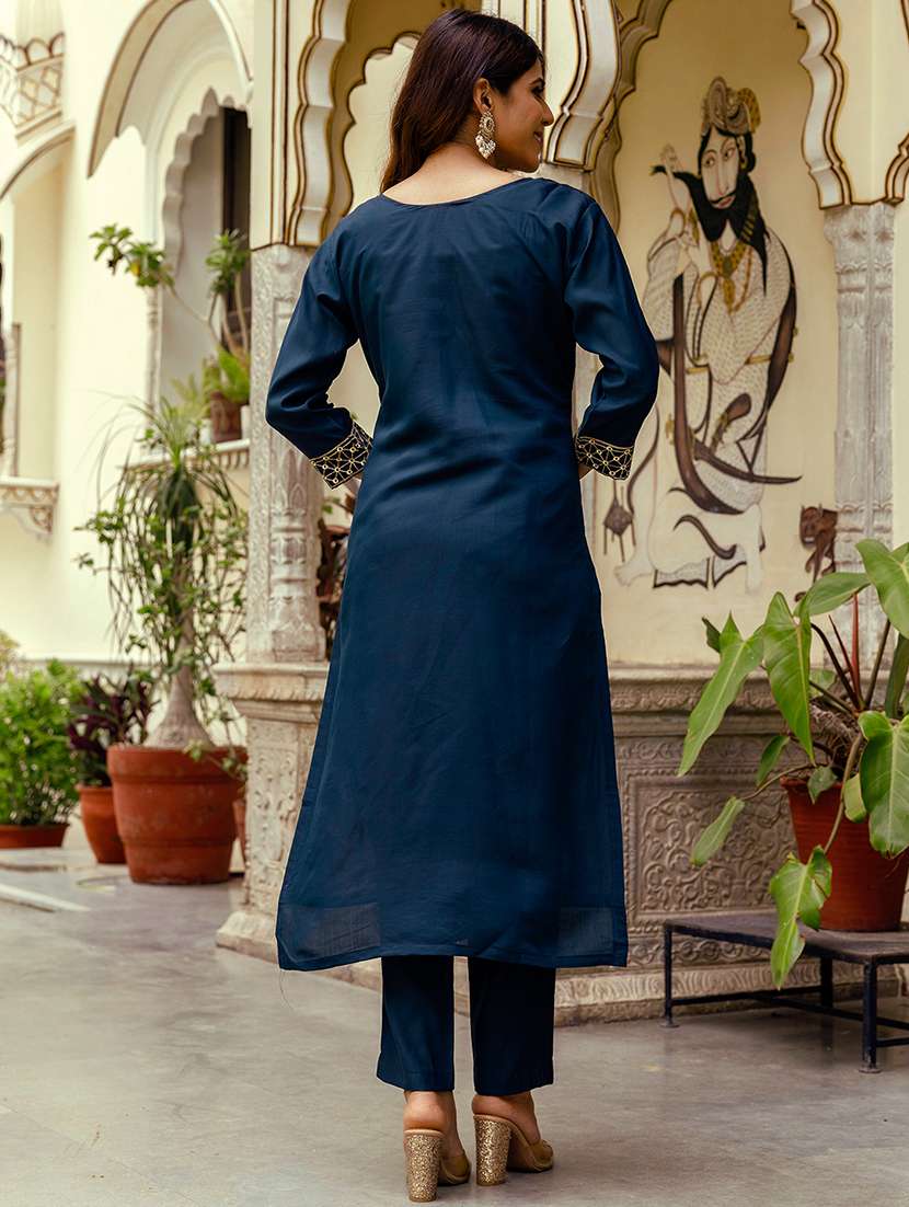 Women Solid With Work Three Quarter Sleeve Kurta Pant With Dupatta Set - 22361801 -  Standard Image - 3