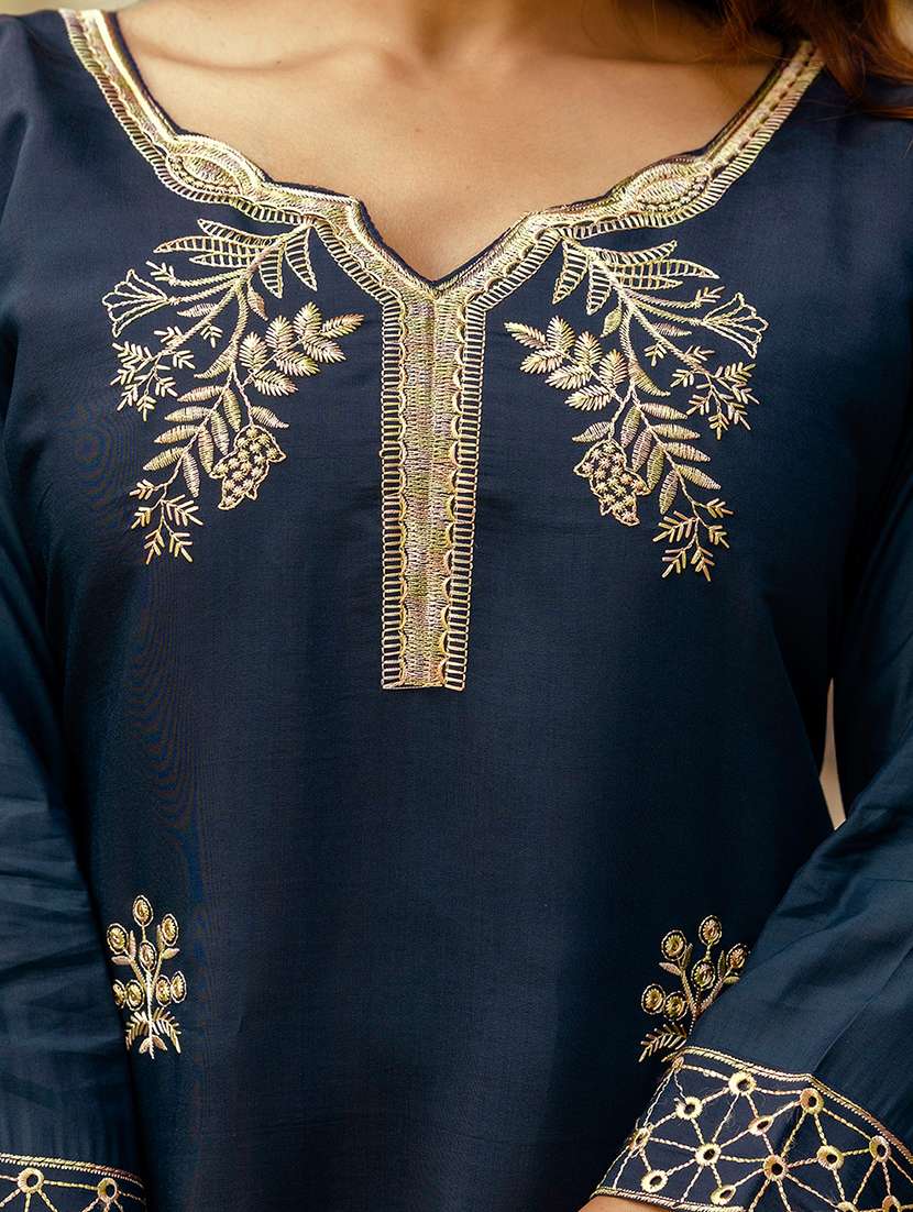 Women Solid With Work Three Quarter Sleeve Kurta Pant With Dupatta Set - 22361801 -  Standard Image - 5