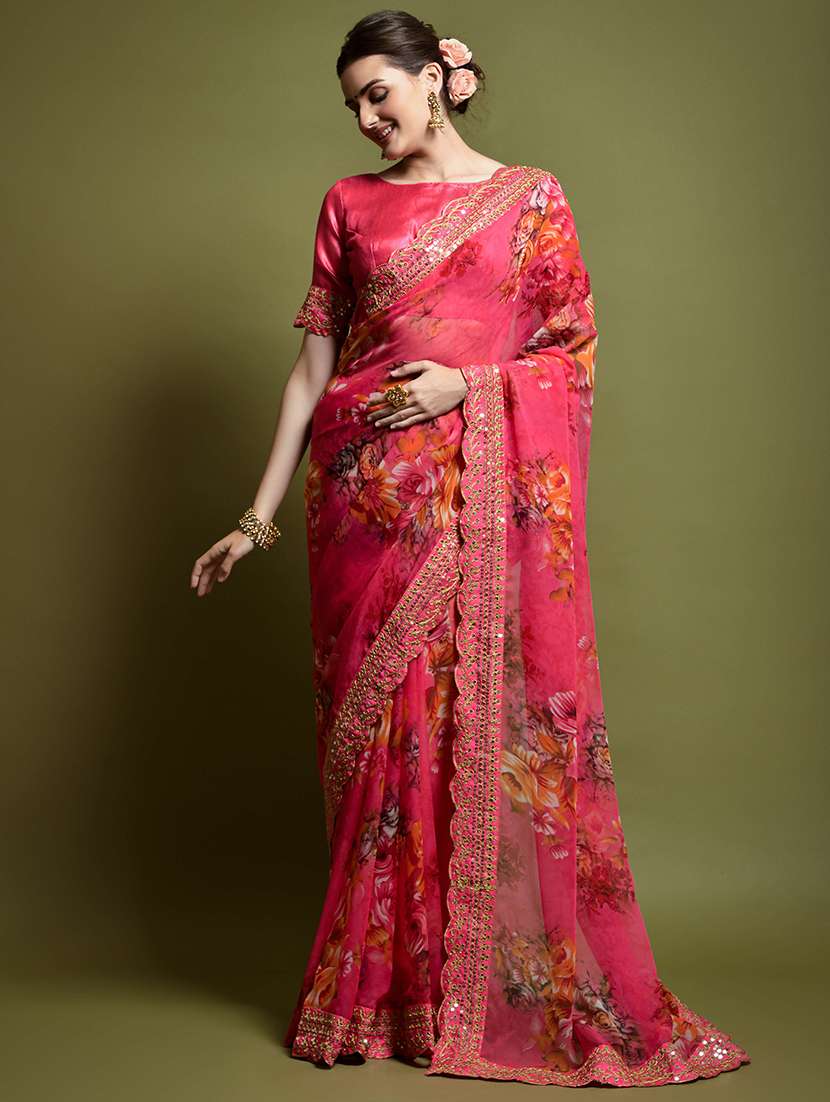 women floral printed bordered saree with blouse