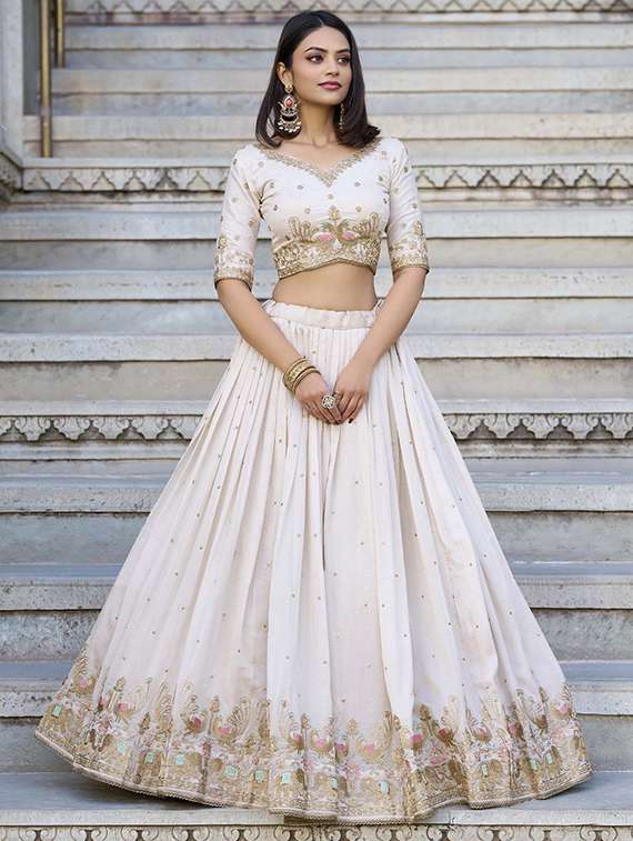 women solid with work flared semi-stitched lehenga - 22361960 -  Standard Image - 3