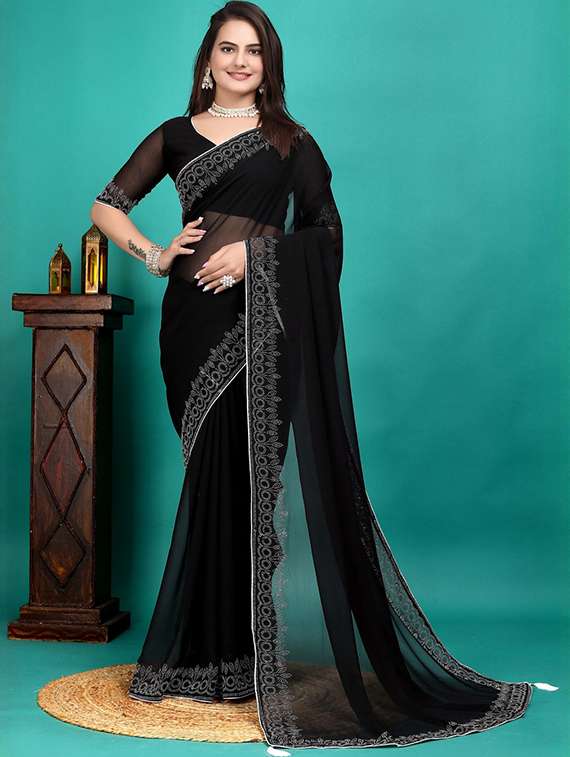 women solid with embellished bordered saree with blouse