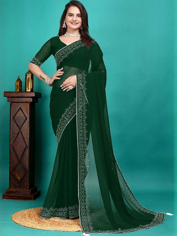 women solid with embellished bordered saree with blouse