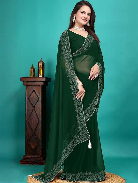 women solid with embellished bordered saree with blouse - 22361977 -  Standard Image - 3