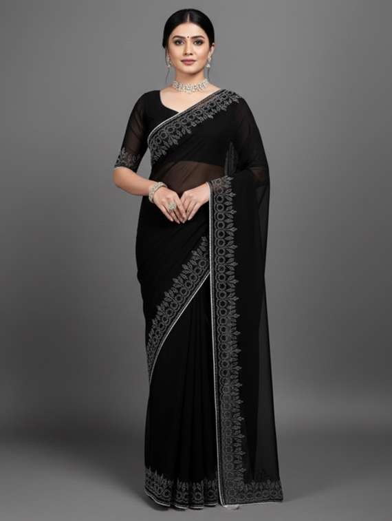 women solid with embellished bordered saree with blouse